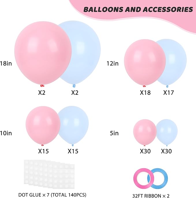 RUBFAC Pink and Blue Balloons 129pcs Different Sizes Pack of 18 12 10 5 Inch, Latex Gender Reveal Balloon Garland Arch Kit for Birthday Party Wedding Anniversary Baby Shower Decoration