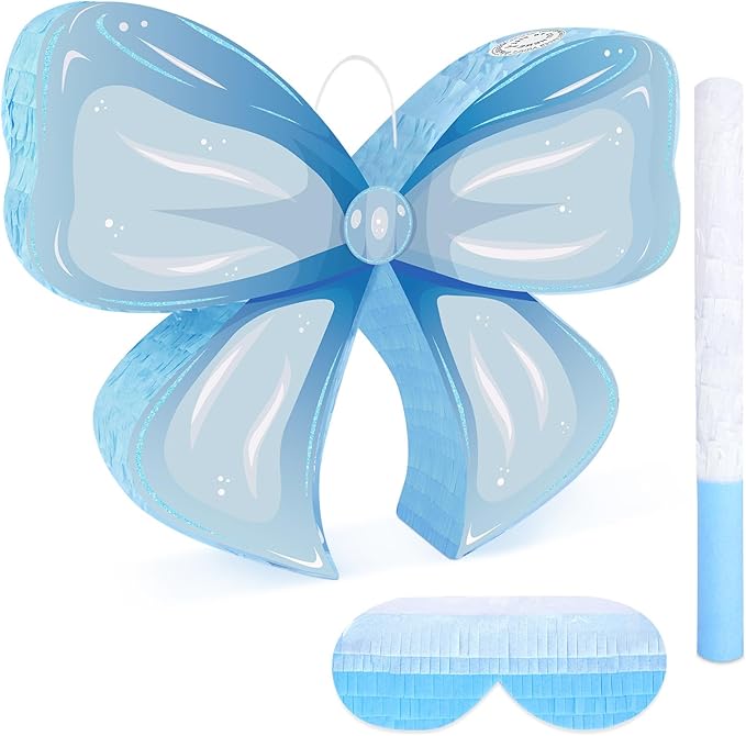 Hooqict Blue Bow Pinata with Blindfold and Bat Stick Frozen Pinata for Birthday Party Games Girls Kids Bow Themed Party Decorations Supplies (Small Size 16"x13"x3")