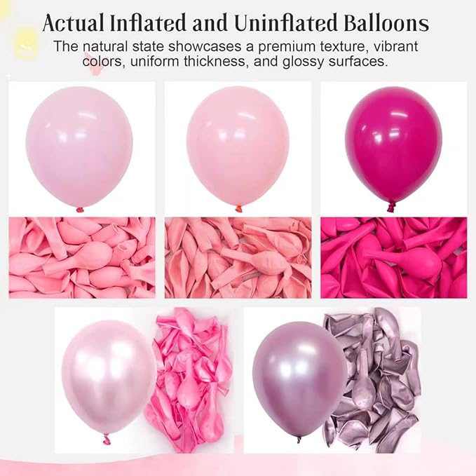 Pink Balloons 60 PCS 12 Inch Hot Pink Balloons Light Baby Pink Metallic Pink Latex Balloons for Girls Birthday Party Baby Shower Bridal Shower Wedding Party Decoration