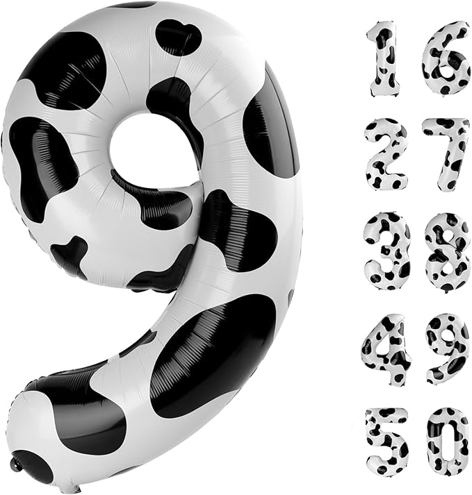 40 Inch Cow Print Balloon Number 9,Jumbo Mylar Foil Helium Balloon for 9 19th 29th 39th 90th 99th Digital Balloons for Birthday Party,Wedding Anniversary Party Decorations