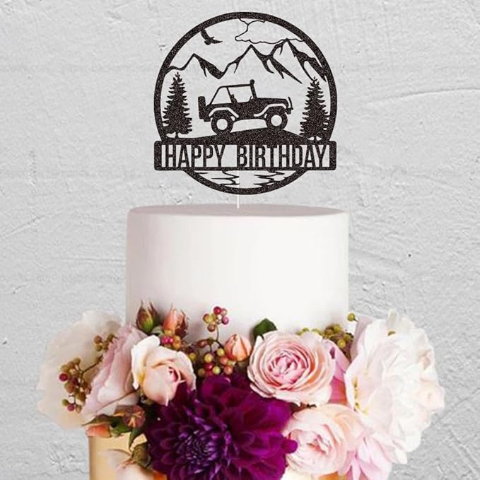 Off-road Vehicle Happy Birthday Cake Topper for Boys Men' Birthday Party Supplies, SUV Jeep Drivers Adventure Themed Cake Topper, Black Glitter