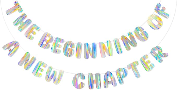 Iridescent The Beginning of a New Chapter Banner, Holographic Pre-Strung Party Decoration for Graduation, Farewell, Going Away, Retirement