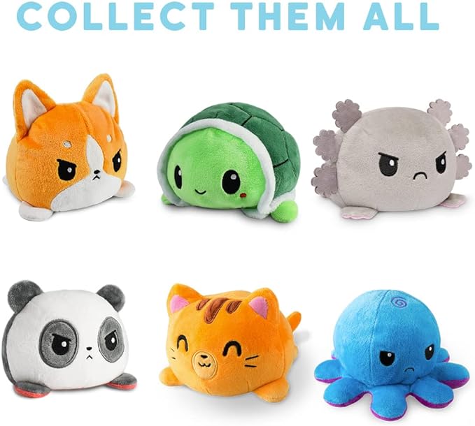 TeeTurtle Reversible Octopus Plushie - 4-Inch Happy Green + Worried Aqua Two-Sided Flip Plush Toy with Embroidered Details - Cute Mini Collectible Plush for Kids, Teens, and Adults