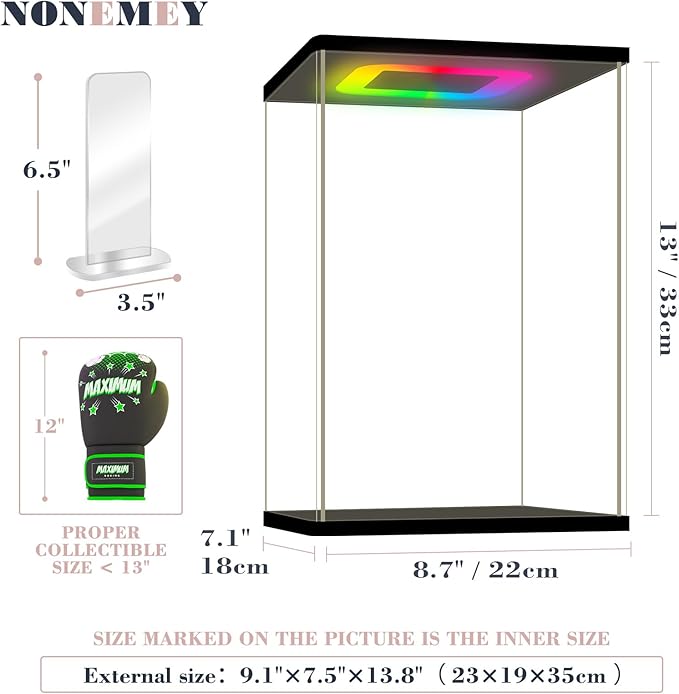 NONEMEY Clear Acrylic Display Case with RGB LED Light for Boxing Glove Display case, Dustproof Model Showcase Organizer Box, Display Case for Collectibles Bearbrick (8.7x7.1x13inch, 22x18x33cm)