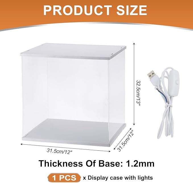 MECCANIXITY Clear Display Case, Acrylic Figure Display Case Clear Display Boxes for Collectibles, Figures Model Toys Home Storage(with Square LED Light, 12x12x13 Inch White Base)