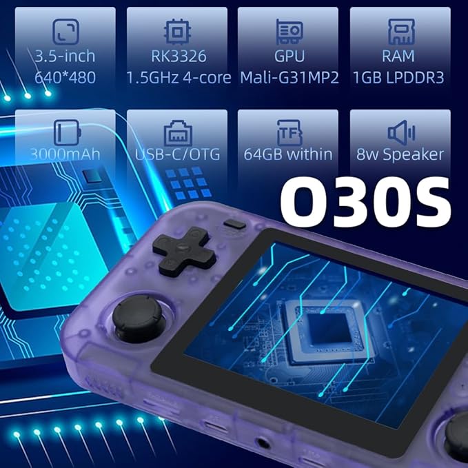 O30S Handheld Game Console 3.5-in 640 * 480 IPS OCA Screen 3000mAh Linux-opensource RK3326 o30s with Portable Case Transparent Purple