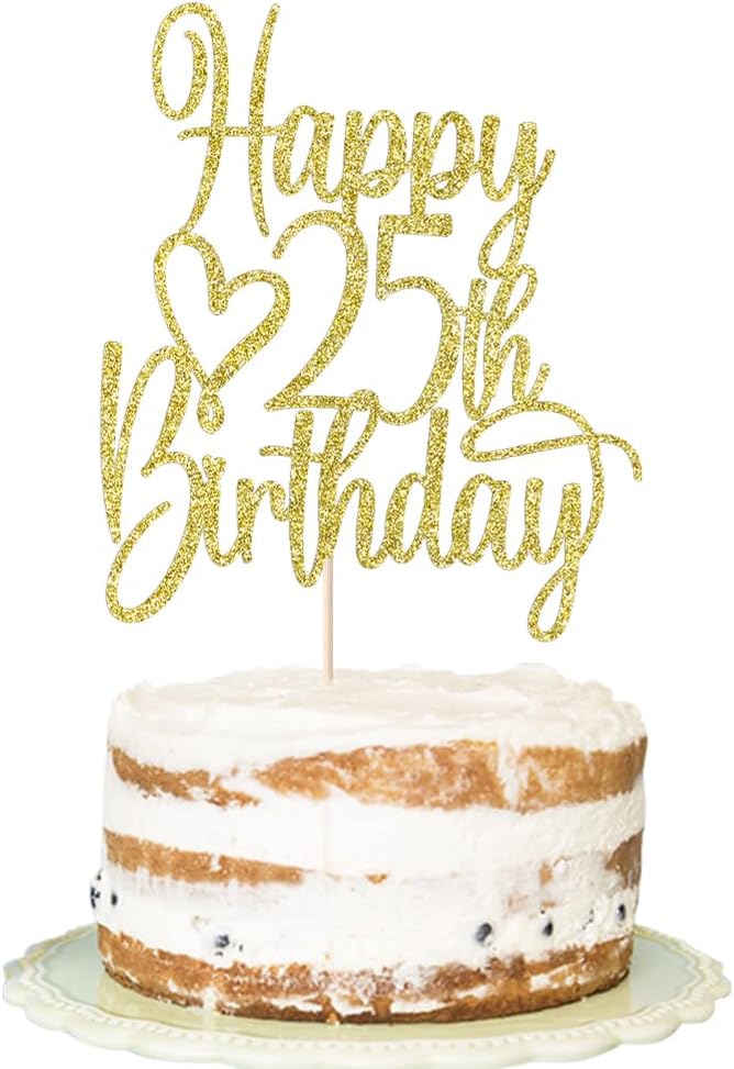 Gold Glitter Happy 25th Birthday Cake Topper - Cheers to 25 Years Cake Topper, 25 & Fabulous Cake Decoration for Hello 25th Birthday Anniversary Party Cake Decorations Supplies