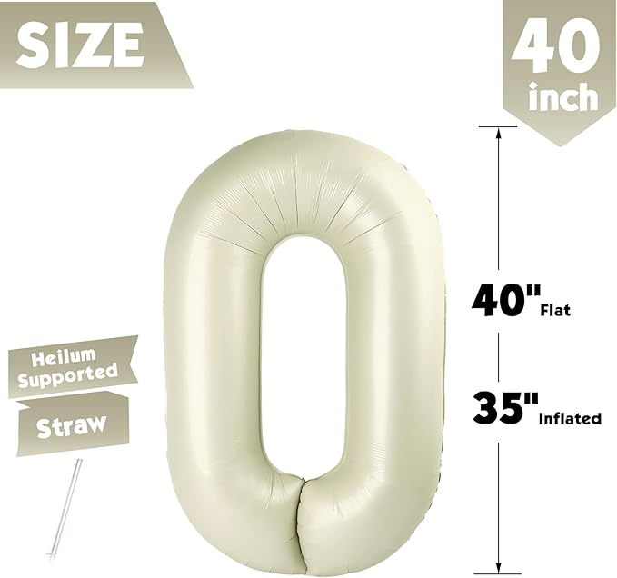 40 Inch Cream Number 0 Balloon, Giant Number 0 Balloons for 10th 20th 30th 40th Birthday Decorations, Party Supplies for Baby Boy Girl, Cream Party Decor