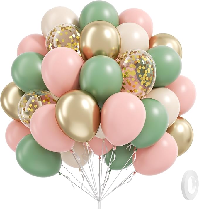 60pcs Pink and Green Balloons 12inch with Sage Green Light Pink Sand White Metallic Gold Confetti Balloons for Birthday Bridal Shower Boho Baby in Bloom Baby Shower Decorations