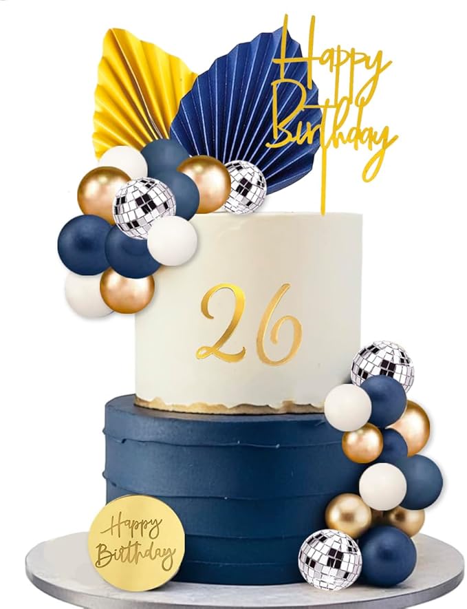 42Pcs Gold Blue White Balls Cake Topper Decorations with Disco Balls Palm Leaves Acrylic Numbers 0-9 and Happy Birthday Cake Toppers for Boho Wedding Baby Shower Birthday Party Supplies