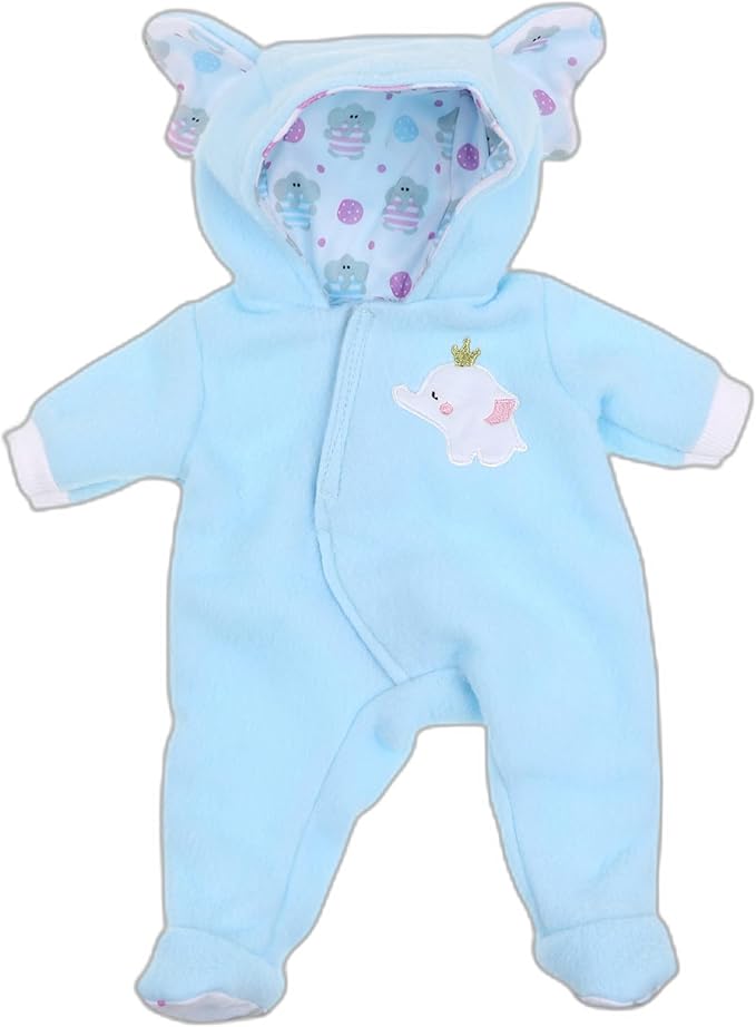JC Toys | Berenguer Boutique | Baby Doll Outfit | Blue Elephant Themed Hooded Onesie | Ages 2+ | Fits Dolls 14"- 16"