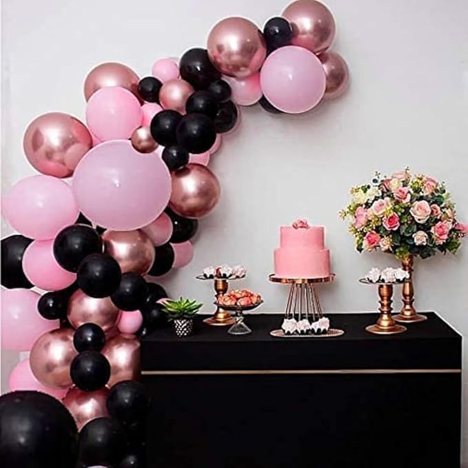 Pink and Black Balloons, 12 Inch Hot Pink Black Balloons Set with Black Pink Confetti Balloons, Pastel Pink Light Pink Black Balloons for Girl Birthday Party Wedding Decorations
