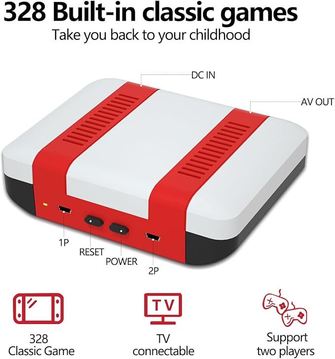 Classic Mini Retro Game Console - Built-in 328 Classic TV Games, Comes with 2 Controllers, AV Output, Plug and Play, Nostalgic Mini Arcade Electronic Toy, Boys and Girls Gifts