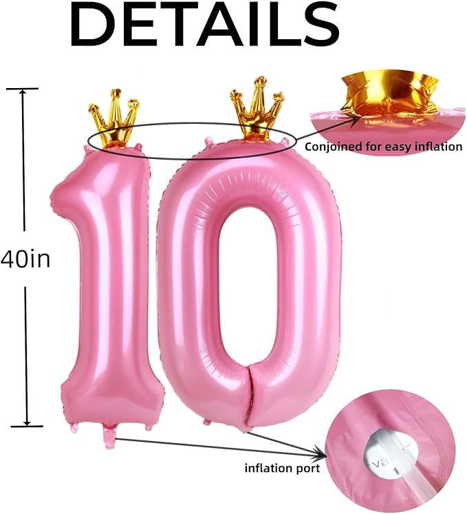 Giant Pink Number 10 Balloon with Crown, 40inch Big Baby Pink Foil Mylar Helium Number Ten Balloon for Girls 10th Birthday Decorations Pink Princess Theme Party Supplies Favors Anniversary Decor
