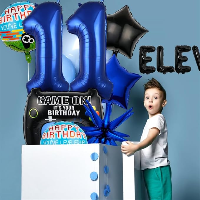 15pcs Video Game Themed Party Decorations, Number 11th Boys Birthday Party Supplies, Navy Blue Video Game Controller Mylar Foil Balloon, Video Game Party Decoration Supplies