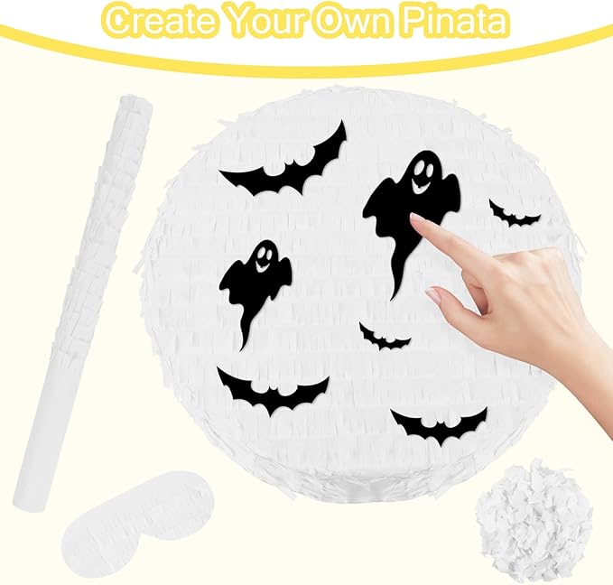 White Round Pinata with Stick Blindfold and Confetti DIY Blank Pinata for Adults Kids Birthday Party Supplies Carnivals Thanksgiving Decorations