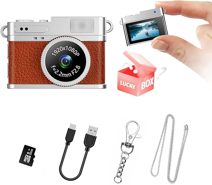 KOOMTOOM Keychain Camera,1080P HD Mini Retro Camera,Tiny Digital Photocamera with 32GB SD Card,0.96'' Pocket Video Recorder Gift for Kids Students,Suprise Box Included (Retro Red Brown)