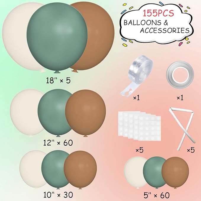 Sage Green Brown White Garland Arch Kit, 155Pcs Latex Balloons Different Sizes 18 12 10 5 inch for Safari Jungle Woodland Birthday Baby Shower Decorations