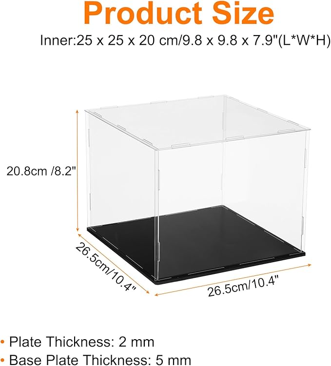 uxcell Acrylic Clear Display Case for Collectibles Self-Assemble Display Clear Boxes with Black Base Dustproof Countertop Storage Box for Collectible Figures, 9.8 x 9.8 x 7.9 Inch