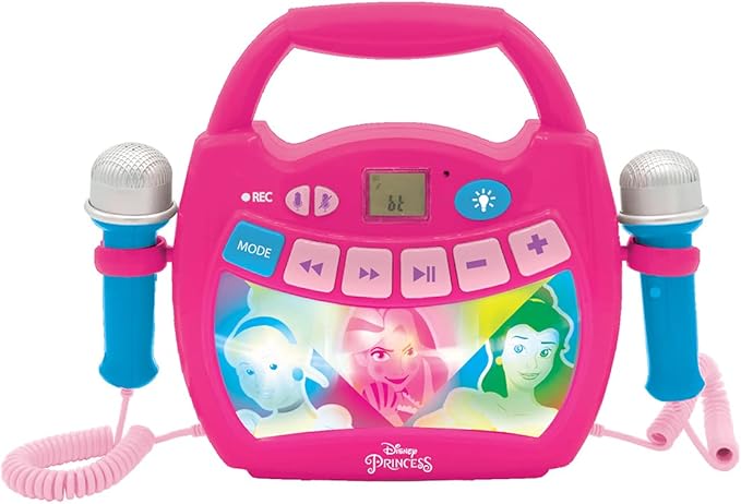 LEXiBOOK – Disney Princess - Portable Karaoke Digital Player for Kids – Microphones, Light Effects, Bluetooth, Record and Voice Changer Functions, Rechargeable Battery, Pink, MP320DPZ