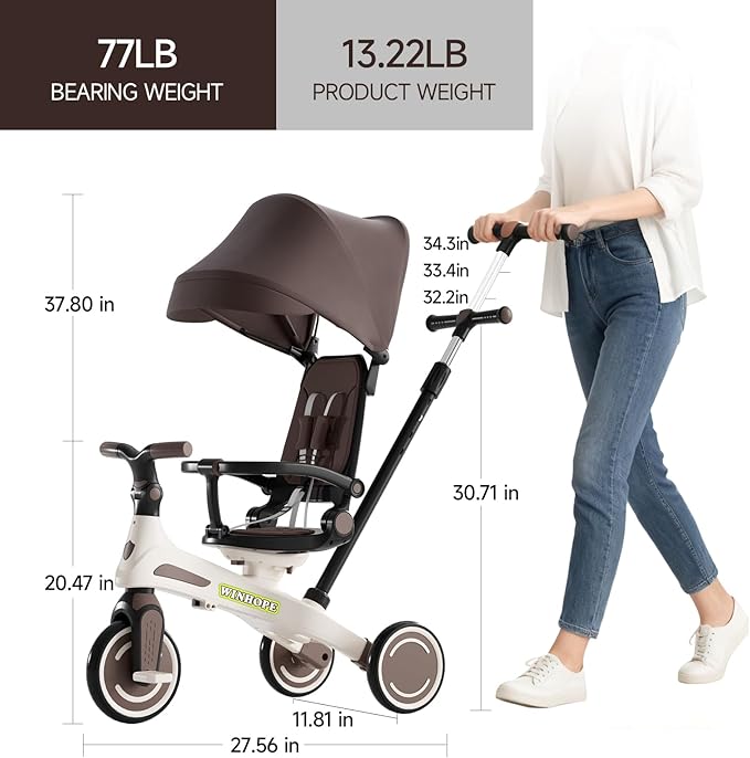 Winhope Kids Tricycle, 6 in 1 Baby's Tricycle Toddler Trike with Adjustable Push Handle, Reversible Seat and Canopy, Baby Stroller for 1-6 Year Olds, Suitable for Outdoor Activities(Coffee)