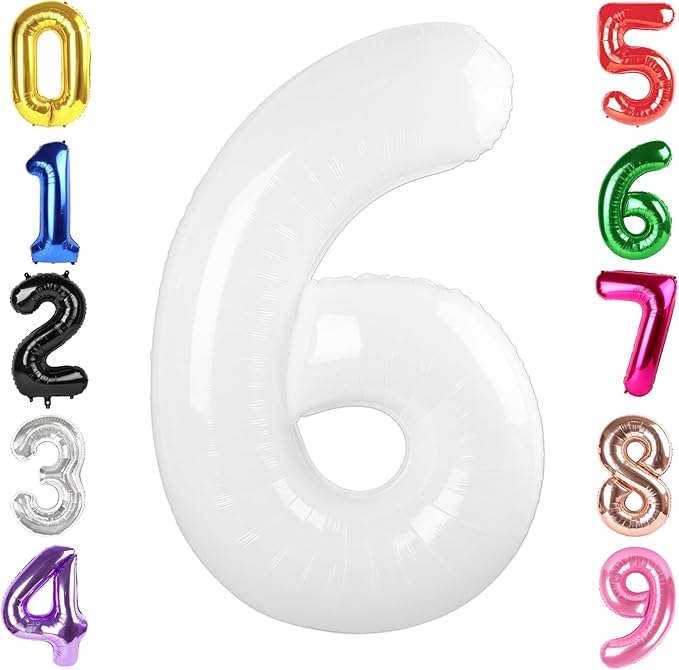40 Inch White Number 6 Balloon, Giant 6 Number Balloons for 6th Birthday Decorations, Party Supplies for Baby Boy Girl, White Party Decor