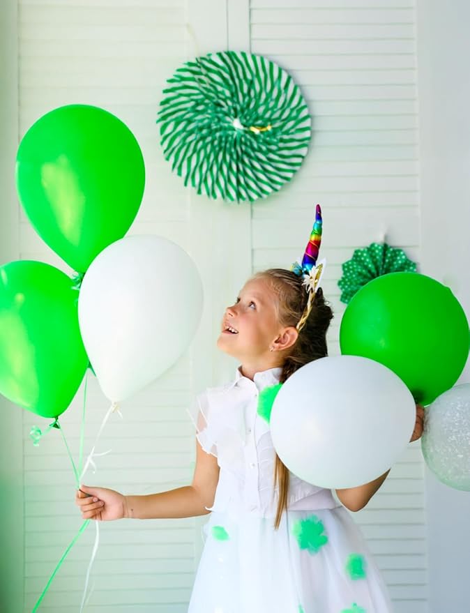 Green and White Balloons, 60 Pcs 12 inch Dark Green Balloons White Party Balloon Natural Latex Balloon for St Patricks Day Decorations, Jungle Safari Birthday Baby Shower Party Supplies