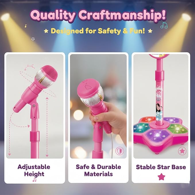 The All-in-One Microphone Toy, 2026 New Kids Karaoke Machine Toys with Adjustable Stand, Colorful Lights, and Echo Effect, for Boys and Girls Christmas Birthday (Pink)