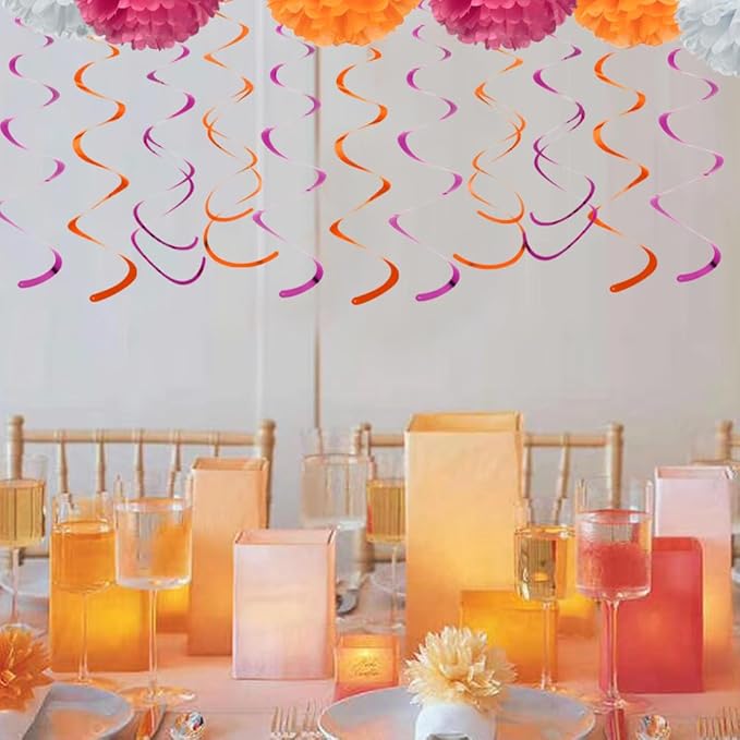 MOWO Hot Pink and Orange Foil Swirl Hanging Decoration Streamer for Birthday Graduation Baby Shower Autumn Fall Groovy Party Supplies, Hot Pink and Orange, Pack of 20