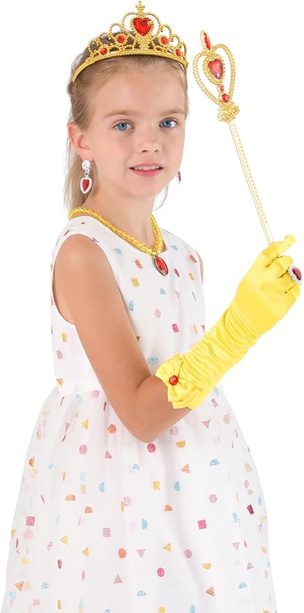 Princess Dress Up Party Accessories for Princess Costume Gloves Tiara Wand Necklace Earrings Bracelet and Ring Gift Set 9pcs (Yellow, Set of 7, 9pcs)