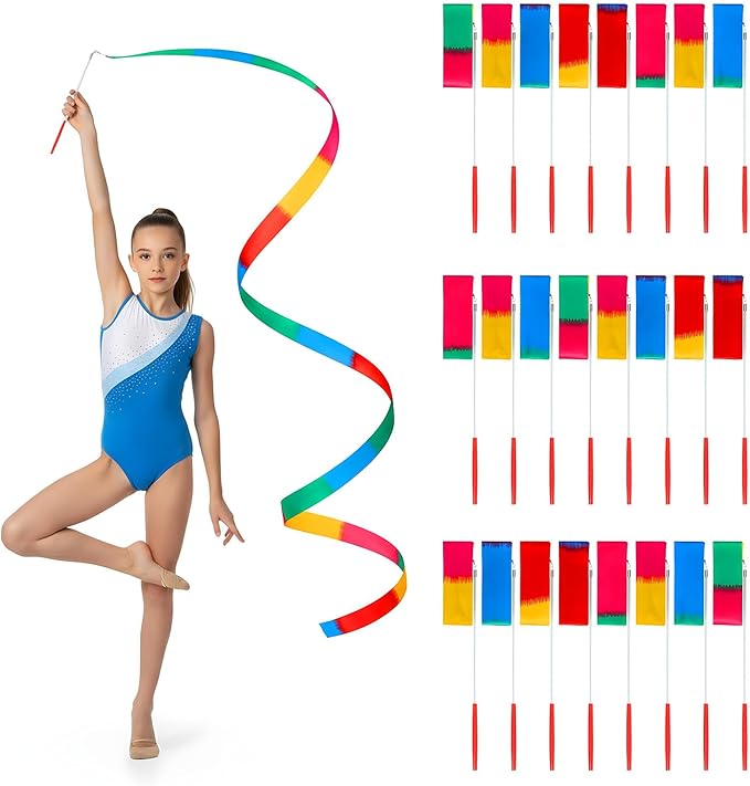 24 Pcs Ribbon Dancing Wands Bulk, 78.7 Inch Rainbow Streamers Party Favors Dance Rainbow Ribbon with Wand for Games, Artistic Gymnastics, Performance, Birthday Decor, Princess Party Supplies