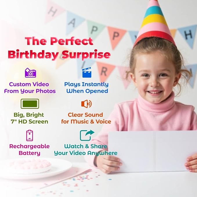 Personalized Birthday Video Card to Girls – Upload Photos to Create a Custom Slideshow – Unique for Daughter, Granddaughter or Niece – 7” Display, 512MB Memory, Rechargeable