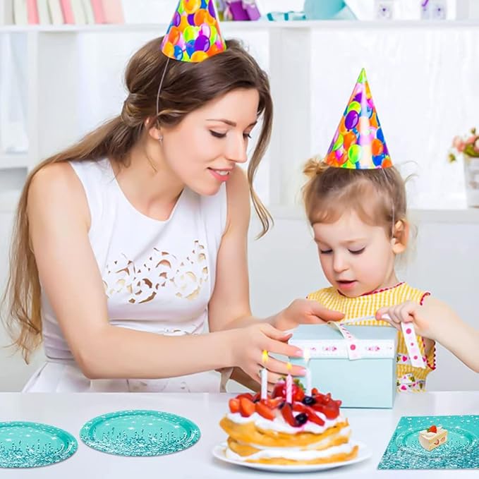 Teal and Silver Tableware Set for Happy Birthday Table Decorations Breakfast Blue Birthday Theme Dessert Plates Napkins Forks Silver Glitter Party Supplies for 25 Guest