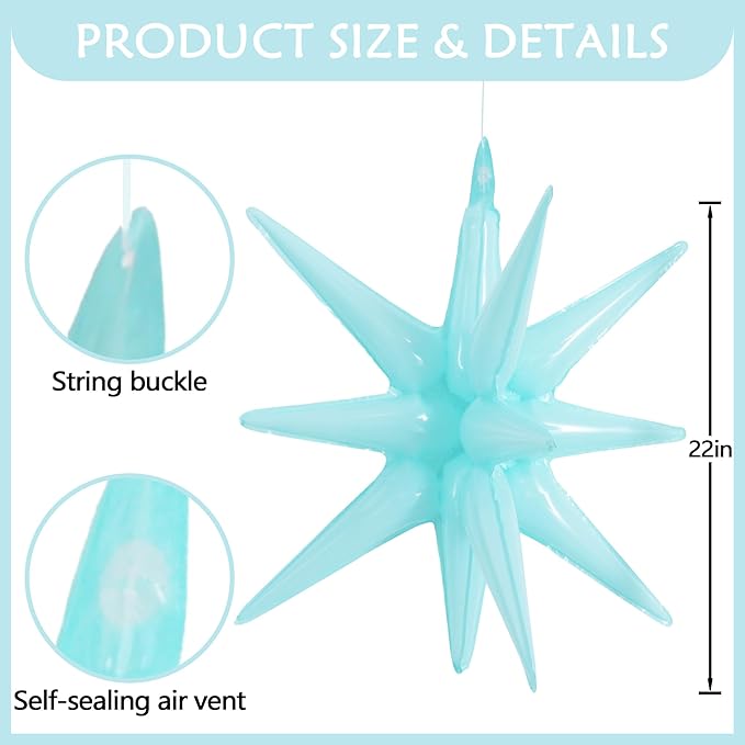 TONIFUL 4 Pcs 22inch 4D Light Blue Explosion Star Mylar Balloons for Party Backdrop Christmas,New Year Birthday, Wedding Baby Shower Anniversary Photo Booth Supplies