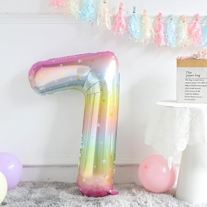 Unicorn 7th Birthday Party Decorations for Girl Purple Pink Theme Balloon Set, Large Rainbow Unicorn Helium Balloons with Heart and Star Baby Shower Kids Supplies (number 7 set)