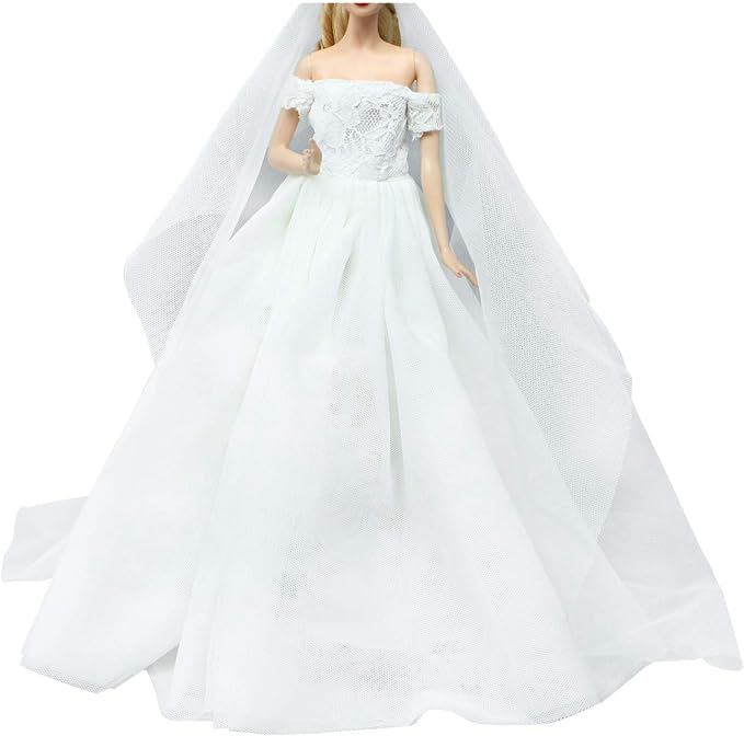 BJDBUS Wedding Set White Dress Bridal Veil and Groom Formal Suit Outfit for Boys Girl 11.5 in. Doll Clothes