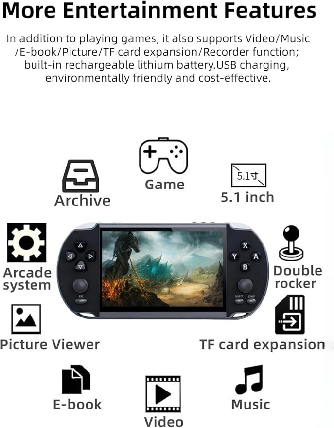 Multi-Function 5.1 Inch Video Game Console Built-in 4000 Retro Games Portable Handheld Support Arcade MAME Multiple Emulator Games Archiveable MP3/4 E-Book Men/Kids