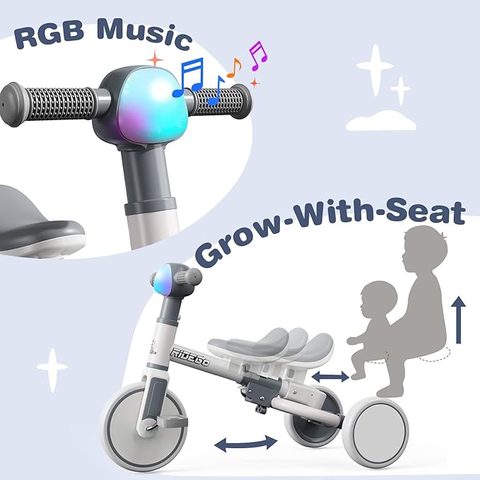Ridego 5-in-1 Tricycle for Toddlers 2-5 Year Olds, Kids Balance Bike & Toddler Push Bike with Parent Handle, RGB Music Light, Tool-Free Assembly Birthday Gift for Boys Girls