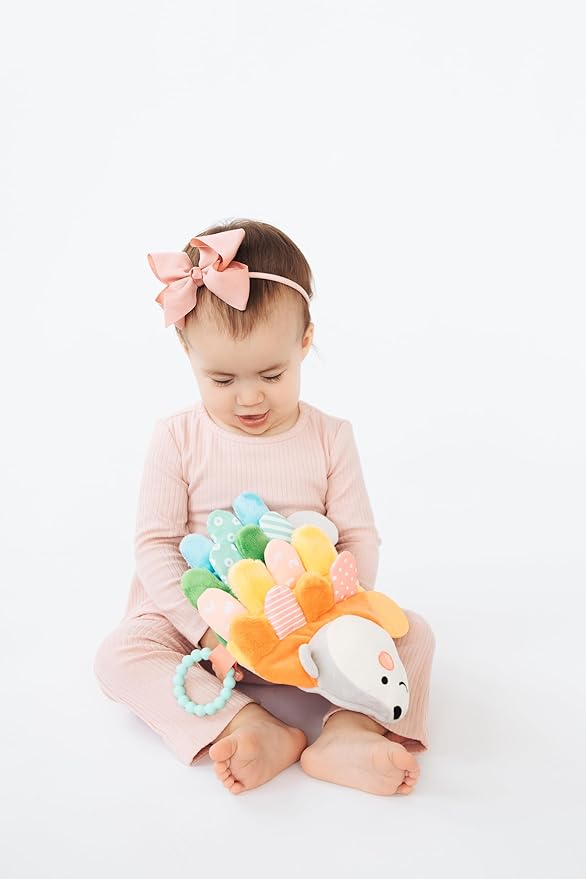 Pearhead Hedgehog Montessori Sensory Toy, Soft Plush Lovey with Crinkle Tabs and Silicone Teether for Babies 0m+, Early Development Easter Basket Gift