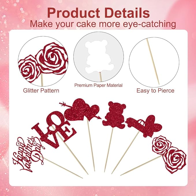 Valentines Cupcake Toppers, 24 PCS Happy Valentines Cupcake Toppers, Glitter Red Heart Love Bear Cupcake Picks Food Picks Toppers Cake Decorations for Valentine's Day Party Decorations Supplies