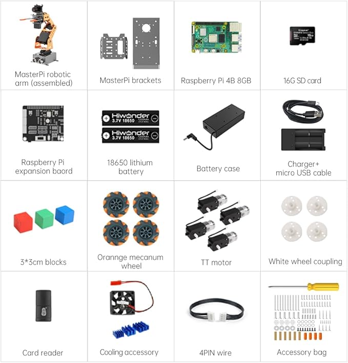 MasterPi 5DOF Robotic Arm for RaspberryPi 5 AI Vision Tracking Target Sorting Line Follow Open Source Programming Smart Robot Car Kit for Teen Adult STEM Educational Building Robot, with RPi 4B 8GB