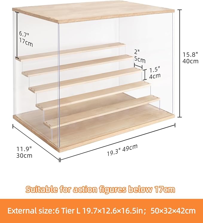 Clear Acrylic Display Case with Light , 6 Tier Display Box Stand Assembly Dustproof Protection Showcase for Collectibles Action Figures (6 Tier L 19.7*12.6*16.5in；50×32×42cm)