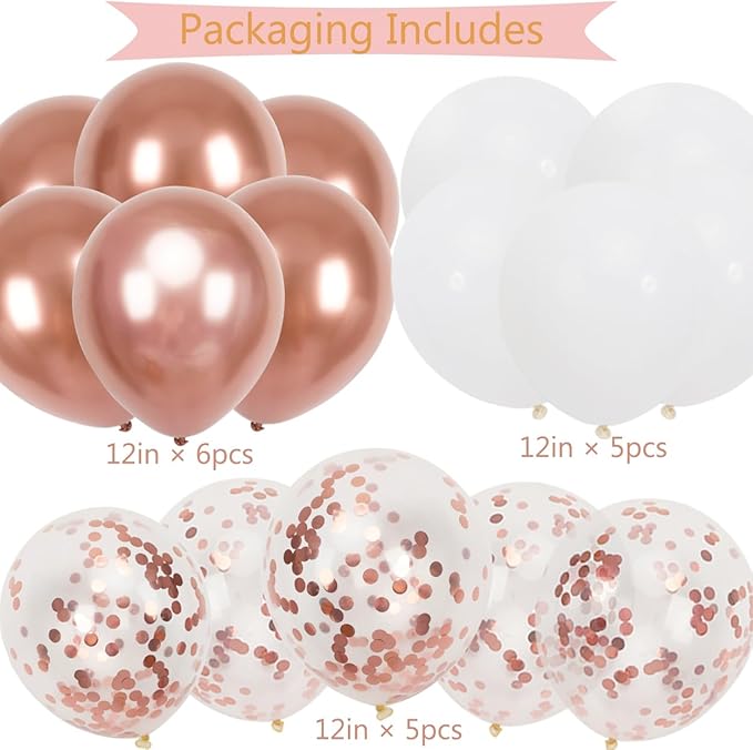 Happy Birthday Banner, Rose Gold Birthday Decoration, 16 pcs 12 inch Balloons with 2 Ribbons for Girl and Women Party Decoration