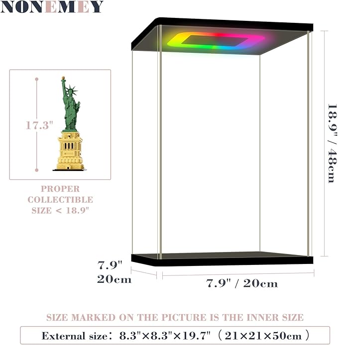 NONEMEY Clear Acrylic Display Case with RGB LED Light for Lego 21042, Dustproof Model Showcase Organizer Box, Display Case for Collectibles Bearbrick (7.9x7.9x18.9 inch, 20x20x48cm)
