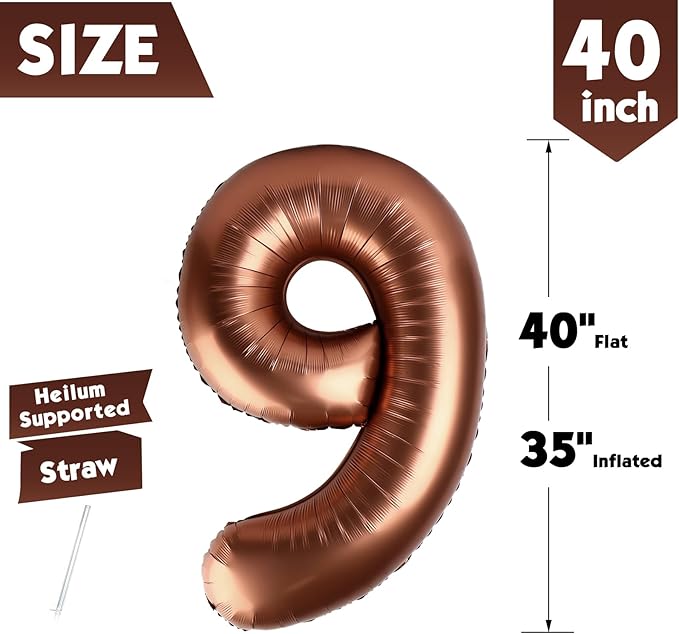 40 Inch Coffee Brown Number 9 Balloon, Giant 9 Number Balloons for 9th Birthday Decorations, Party Supplies for Baby Boy Girl, Coffee Brown Party Decor