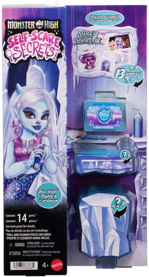 Monster High Self-Scare Secrets Abbey Bominable Doll and Accessories Set with 13 Realistic Surprises Like Henna, Painting and Crochet Crafts