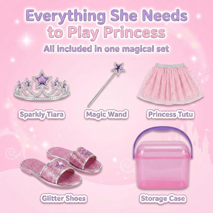 My Beauty Spot Princess Dress Up Set for Girls 4–6 with Storage Bucket — Dress Up Clothes with Tiara, Wand, Skirt & Shoes, Pretend Play Costume Toy