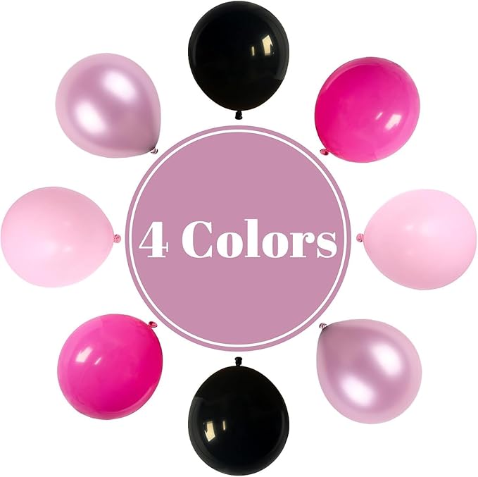 Pink and Black Balloons, 60PCS Hot Pink Black Balloon Set, 12Inch Pastel Light Rosa and Metallic Latex Balloons for Girls Women Princess Birthday Bachelorette Baby Shower Beauty Party Decorations