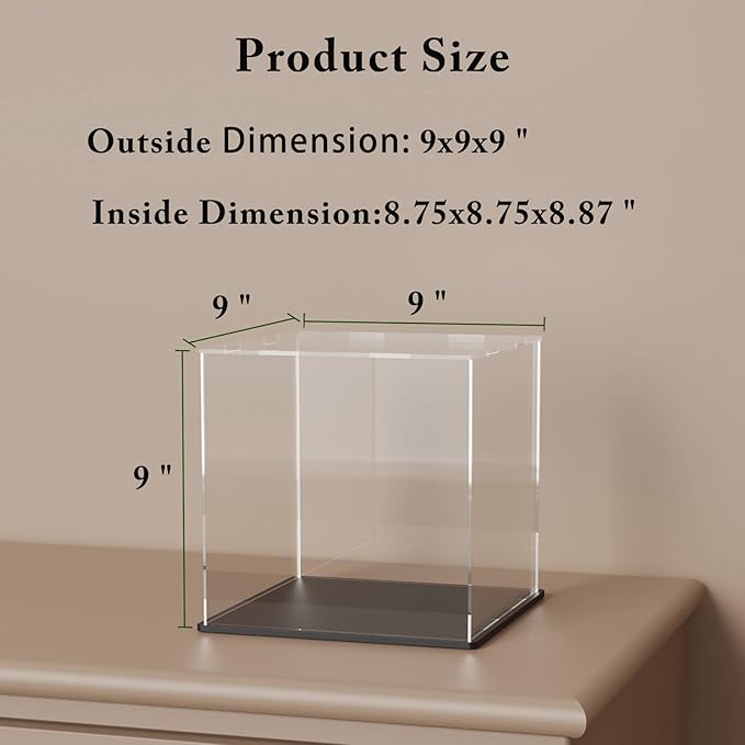 Clear Acrylic Display Box with Matte Black Base, Simple Self-Assembly Dust-Proof Showcase, Cube Counter-Tops Case for Collectibles (9x9x9 inch)