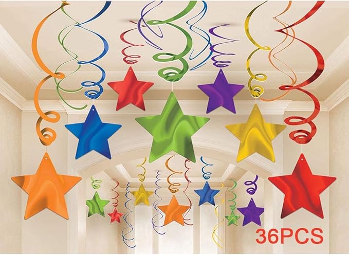 Rainbow Party Star Swirl,Foil Ceiling Hanging Swirl Decorations with Star, Whirls Decorations for Party, Pack of 36,Green Red Yellow Blue Purple Orange